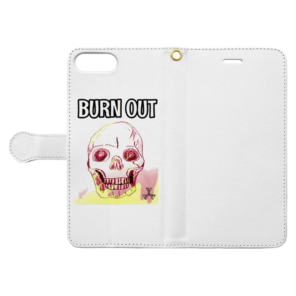 GOD TV MEAT OIL'S brand SUZURI内空中店舗のBURN OUT 手帳型スマホケースを開いた場合(外側)