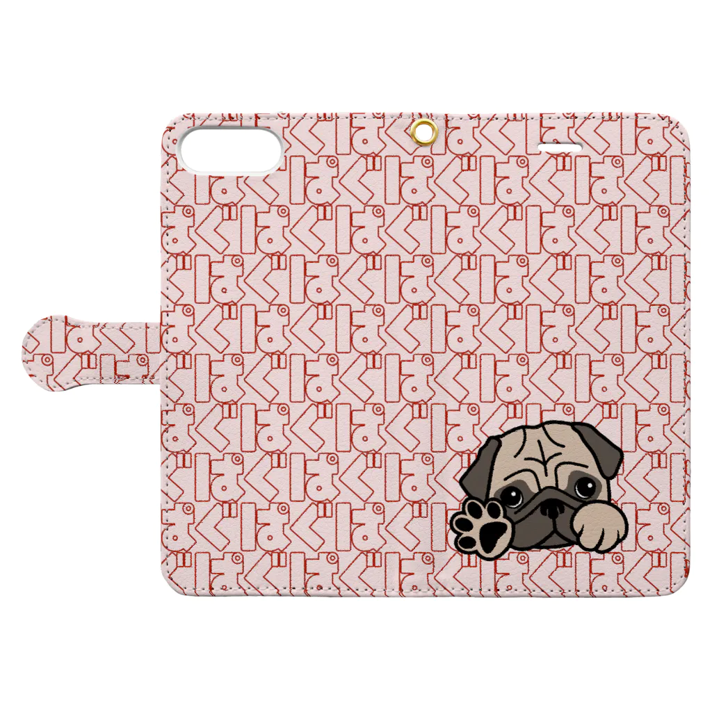 パグ PUG ぱぐ  OHMAI GALLERYのパグ-ぱぐ-PUG-パーグー-2 手帳型iPhoneケース 手帳型スマホケースを開いた場合(外側)