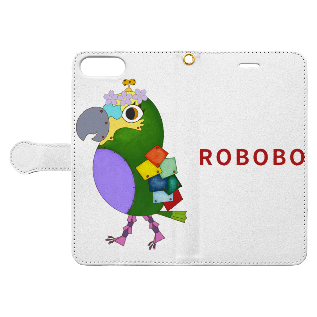 ねこぜや のROBOBO アオボウシインコ 手帳型スマホケースを開いた場合(外側)