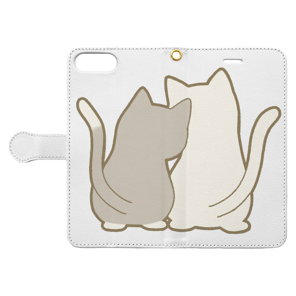 かわいいもののおみせ　いそぎんちゃくの仲良し猫の背中　灰白&白 Book-Style Smartphone Case:Opened (outside)