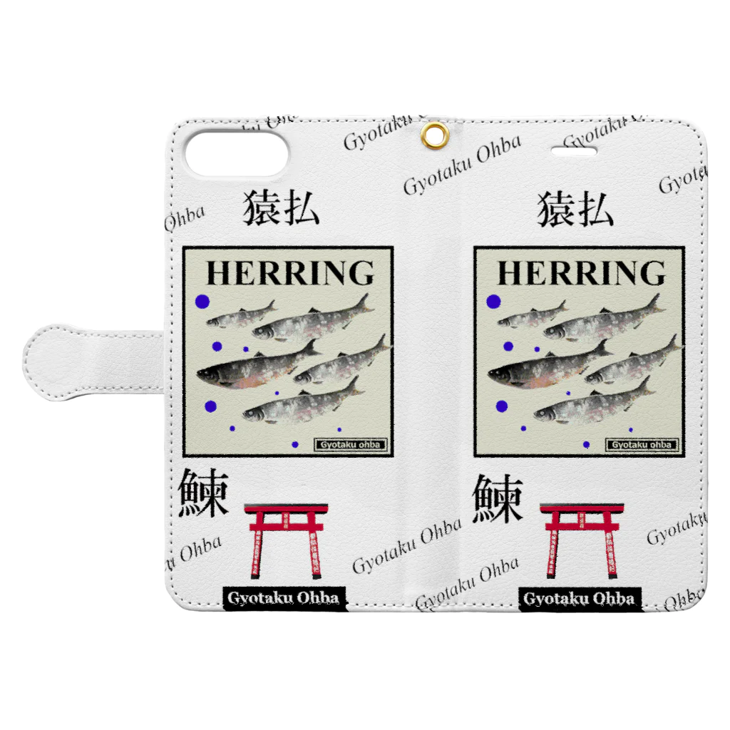 G-HERRINGのニシン！猿払（鰊；HERRING）あらゆる生命たちへ感謝をささげます。※価格は予告なく改定される場合がございます。 手帳型スマホケースを開いた場合(外側)