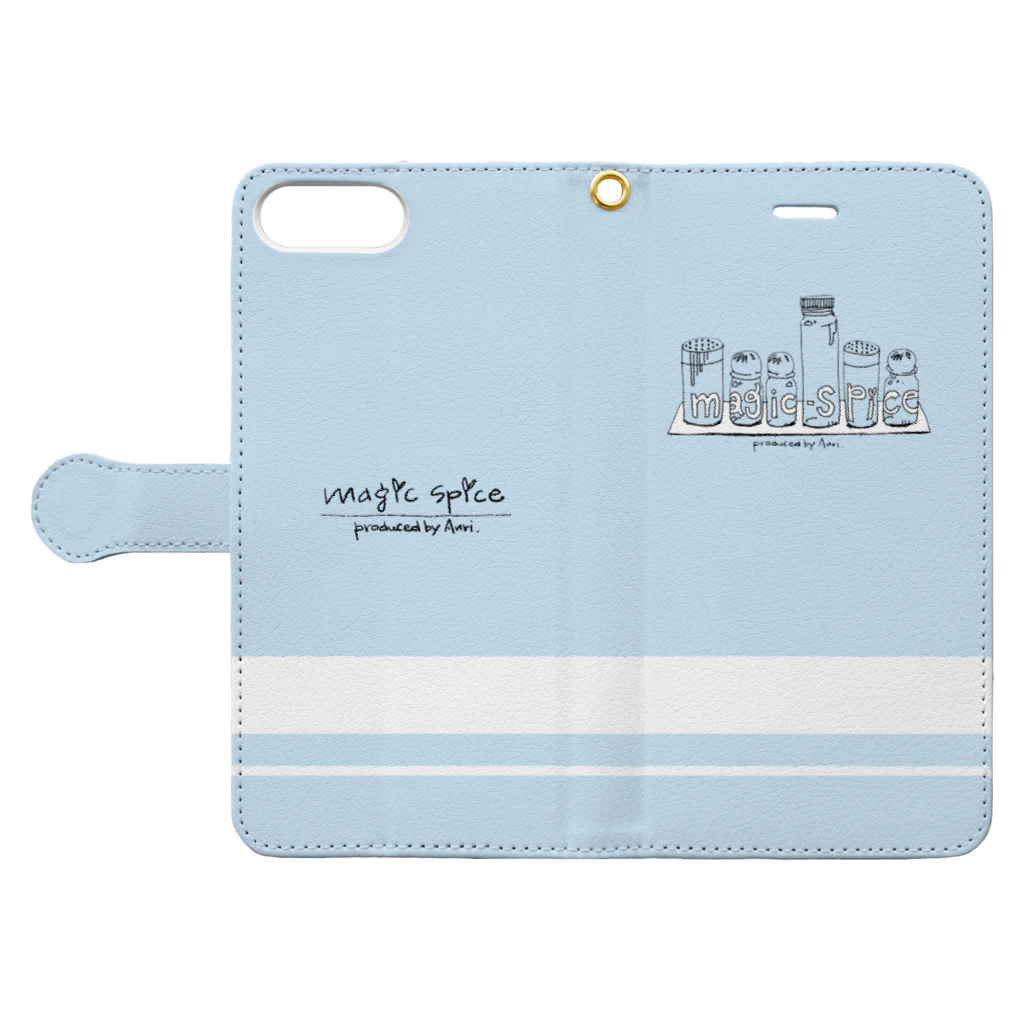 Drums and Cajon　あんりのmagic spice 手帳型スマホケース　Light Blue Book-Style Smartphone Case:Opened (outside)