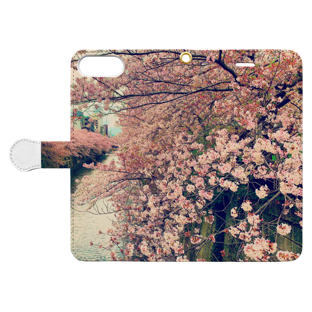 日本風景と自然風景の桜　目黒 手帳型スマホケースを開いた場合(外側)