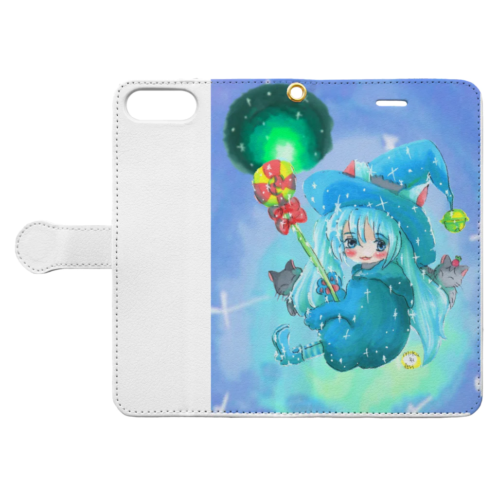 miku'ꜱGallery星猫の魔法少女ゆるmiku with 使い魔にゃんズ 手帳型スマホケースを開いた場合(外側)