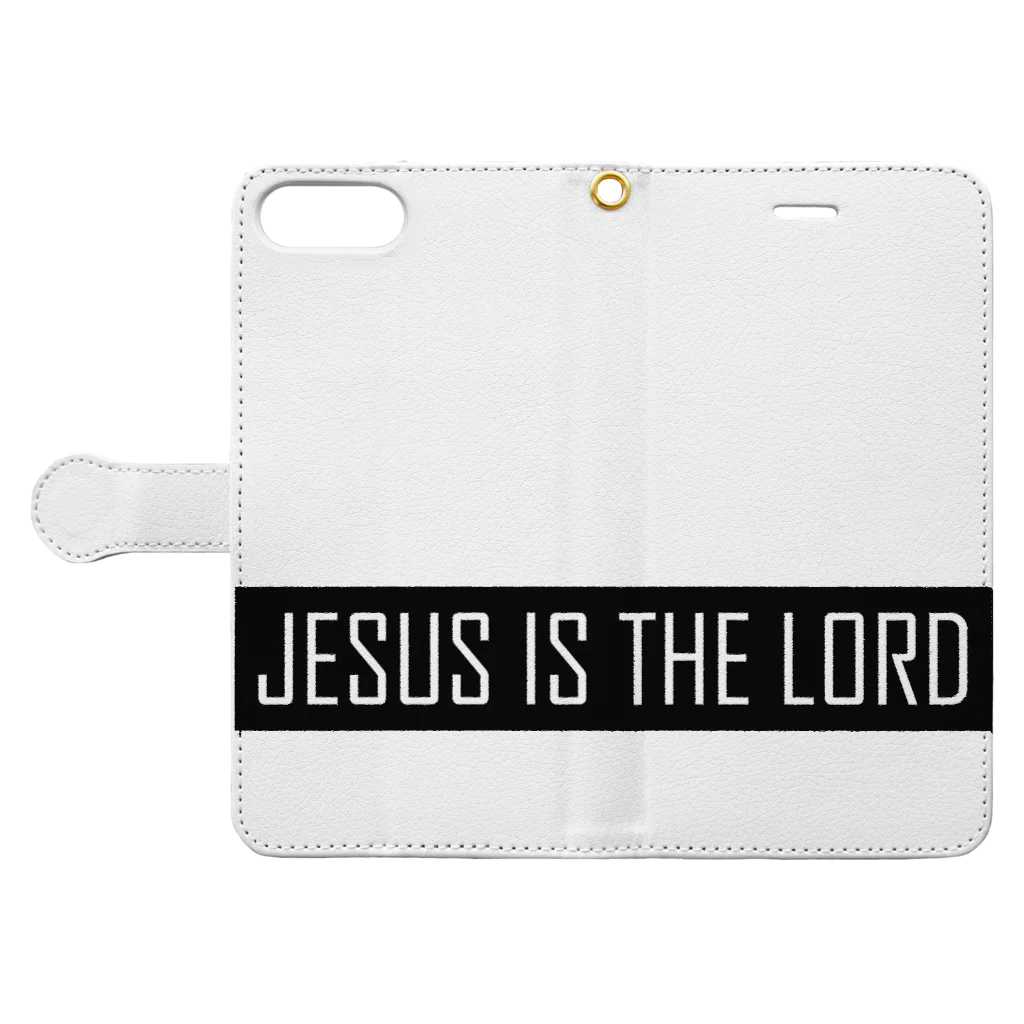 PRAISEのJESUS IS THE LORD(黒） 手帳型スマホケースを開いた場合(外側)