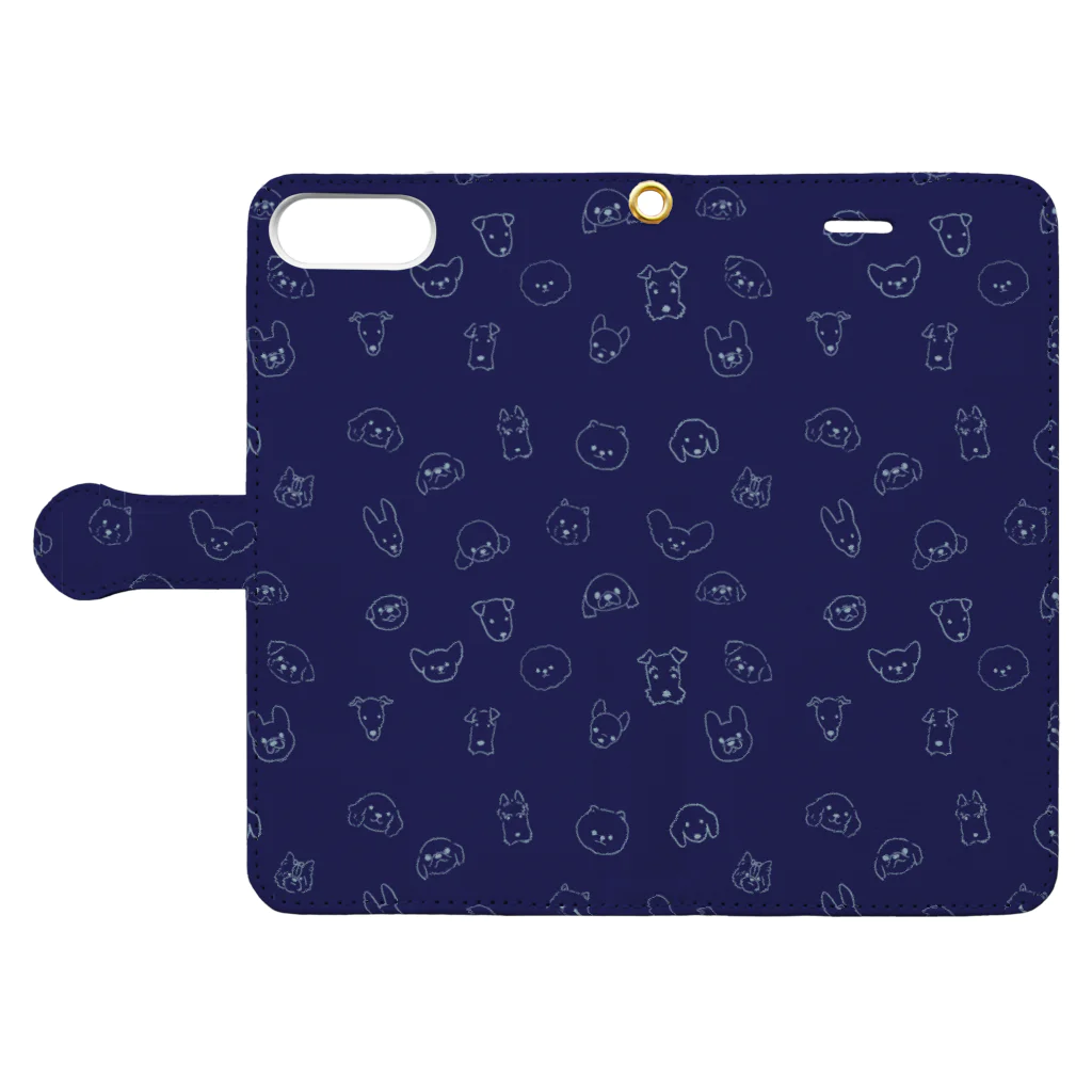 Chinagiのワンコがいっぱいネイビー（小型犬） Book-Style Smartphone Case:Opened (outside)