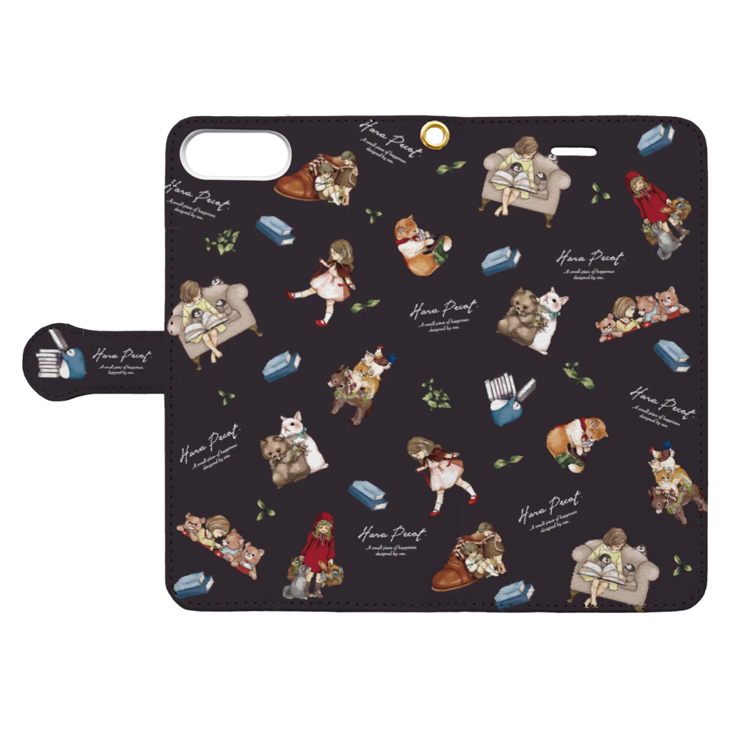 sae. のHara Pecotな童話 （ブラック）　Iphone6s/6/6 Plus/8/7/SE/8 Plus/7Plus用配置 Book-Style Smartphone Case:Opened (outside)