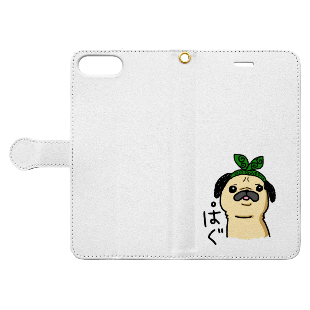 こてんshop.pugの唐草パグちゃん 手帳型スマホケースを開いた場合(外側)