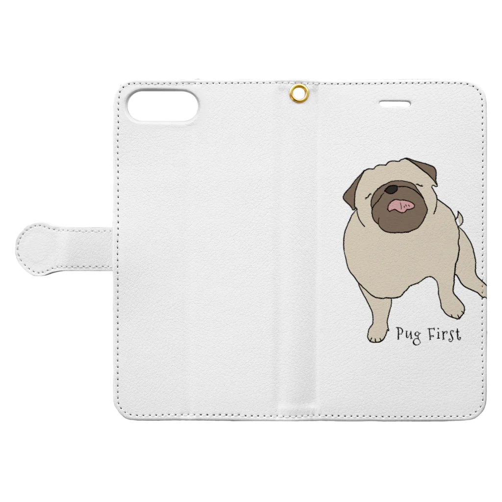 めぇありぽてモフつぐみ🐶らーはーのPug First 手帳型スマホケースを開いた場合(外側)