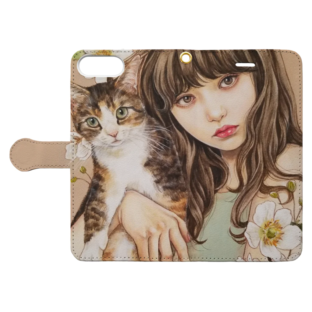 おちょぴのGirl and Cat 手帳型スマホケースを開いた場合(外側)