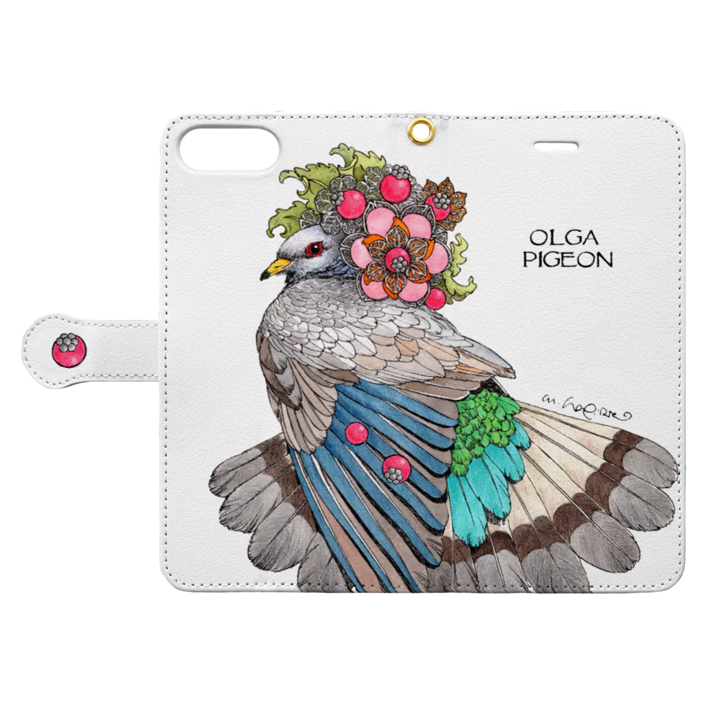 萩岩睦美のグッズショップの手帳型スマホケース　OLGA PIGEON (ハト） Book-Style Smartphone Case:Opened (outside)