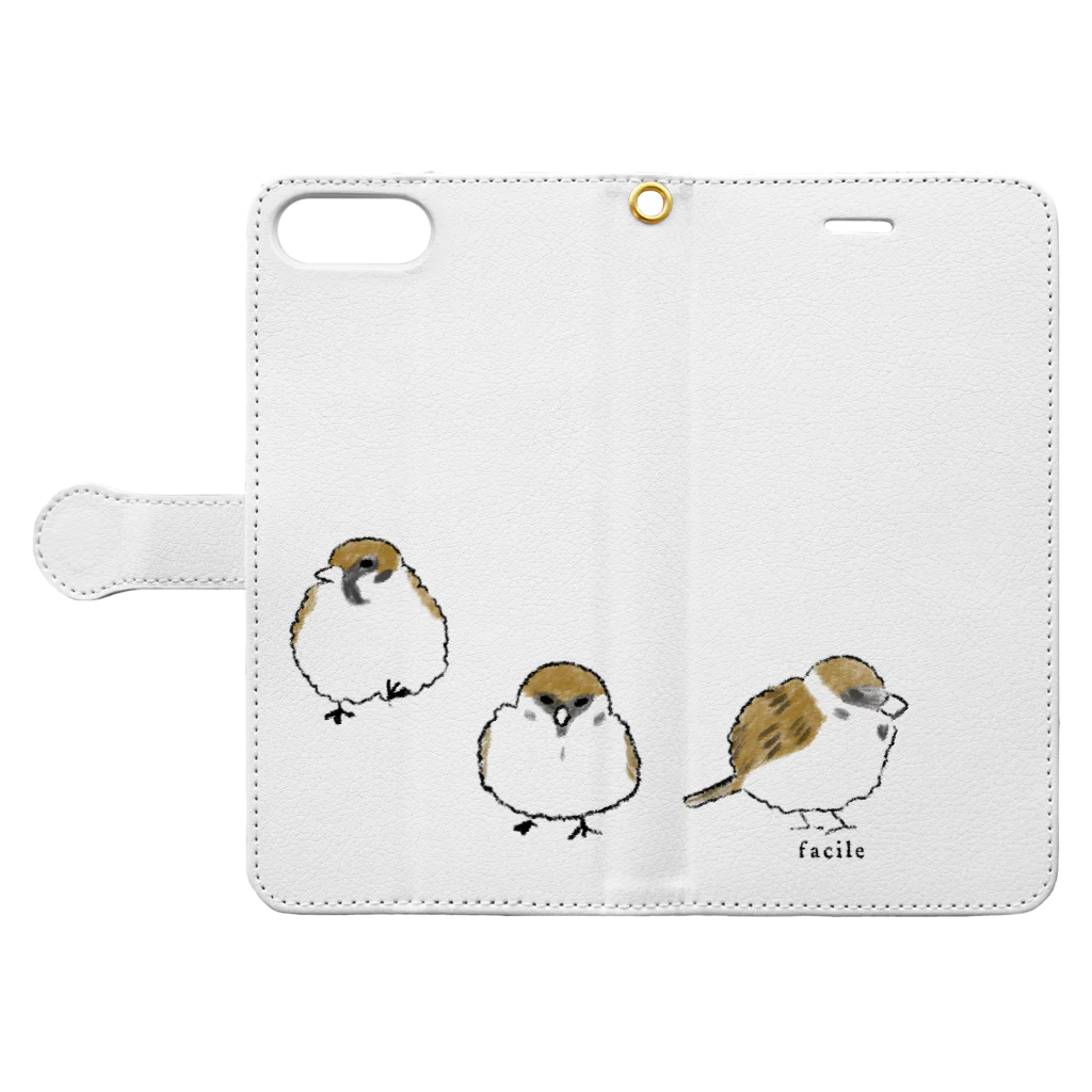 文鳥うさぎ猫とりTシャツスマホケース-facileのふくらすずめ Book-Style Smartphone Case:Opened (outside)