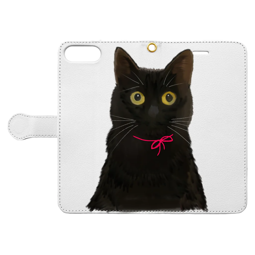 小鳥と映画館のおめめまん丸 黒猫 Book-Style Smartphone Case:Opened (outside)