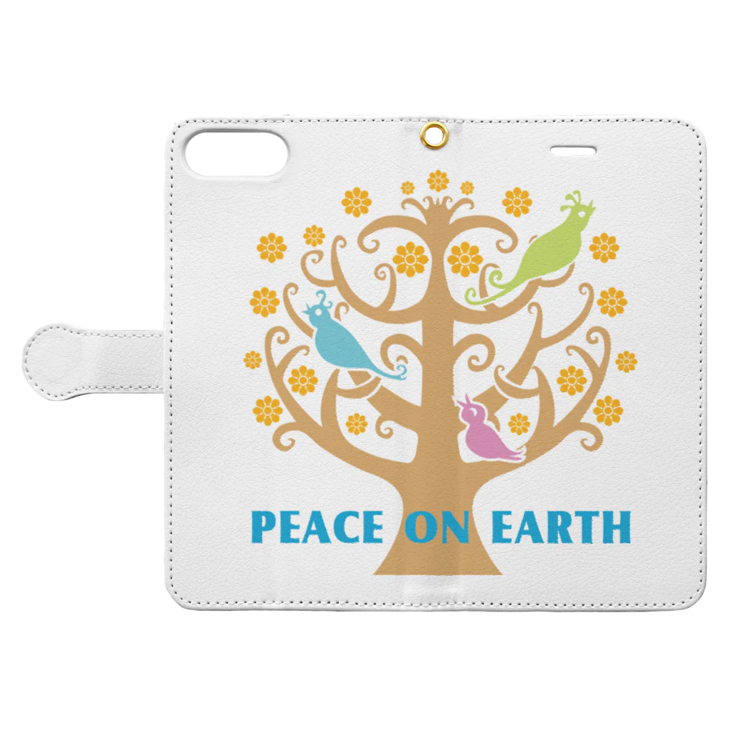 フェザーフレンズの鳥/Peace on Earthツリー 手帳型スマホケースを開いた場合(外側)