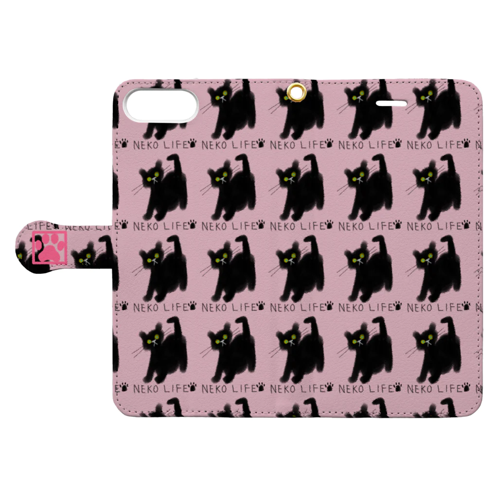 小鳥と映画館のネコライフ 青い瞳の黒猫 手帳型スマホケース ピンク Book-Style Smartphone Case:Opened (outside)