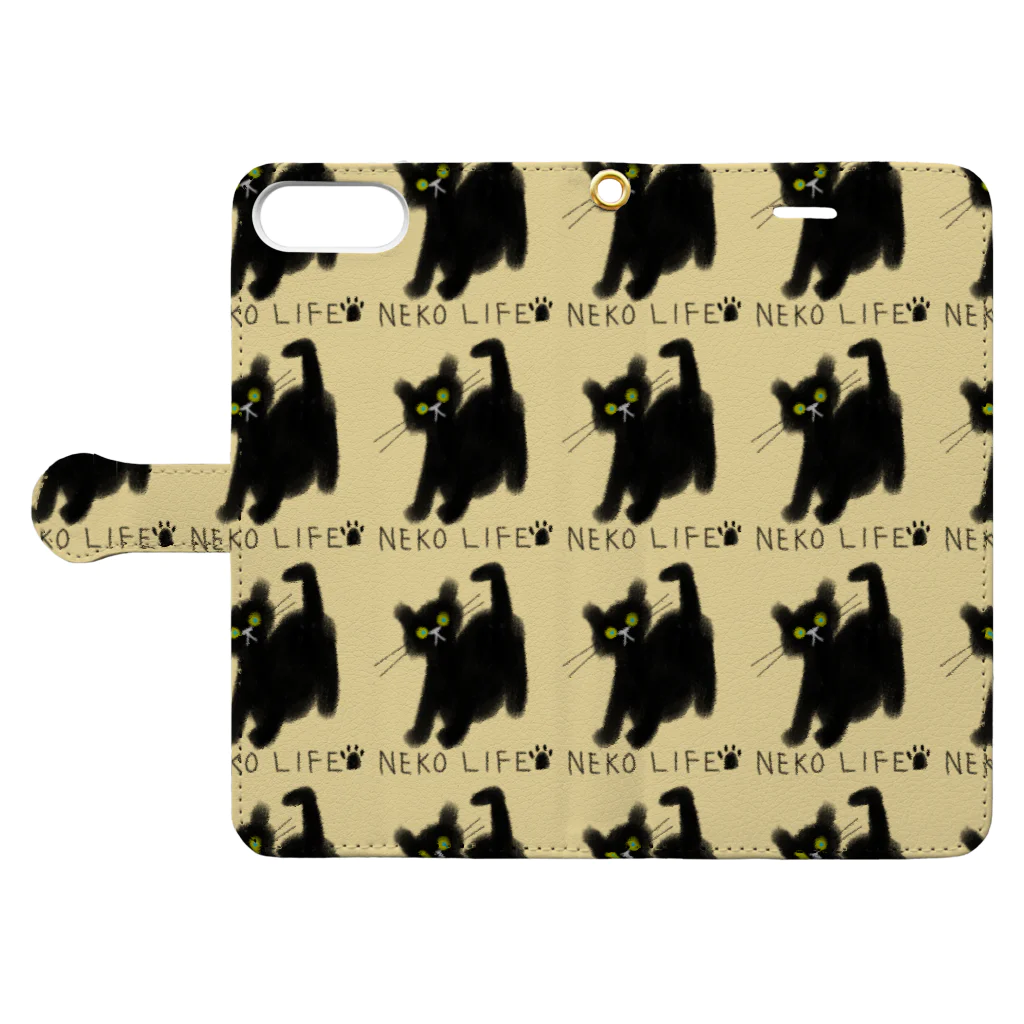 小鳥と映画館のネコライフ 青い瞳の黒猫 イエロー Book-Style Smartphone Case:Opened (outside)