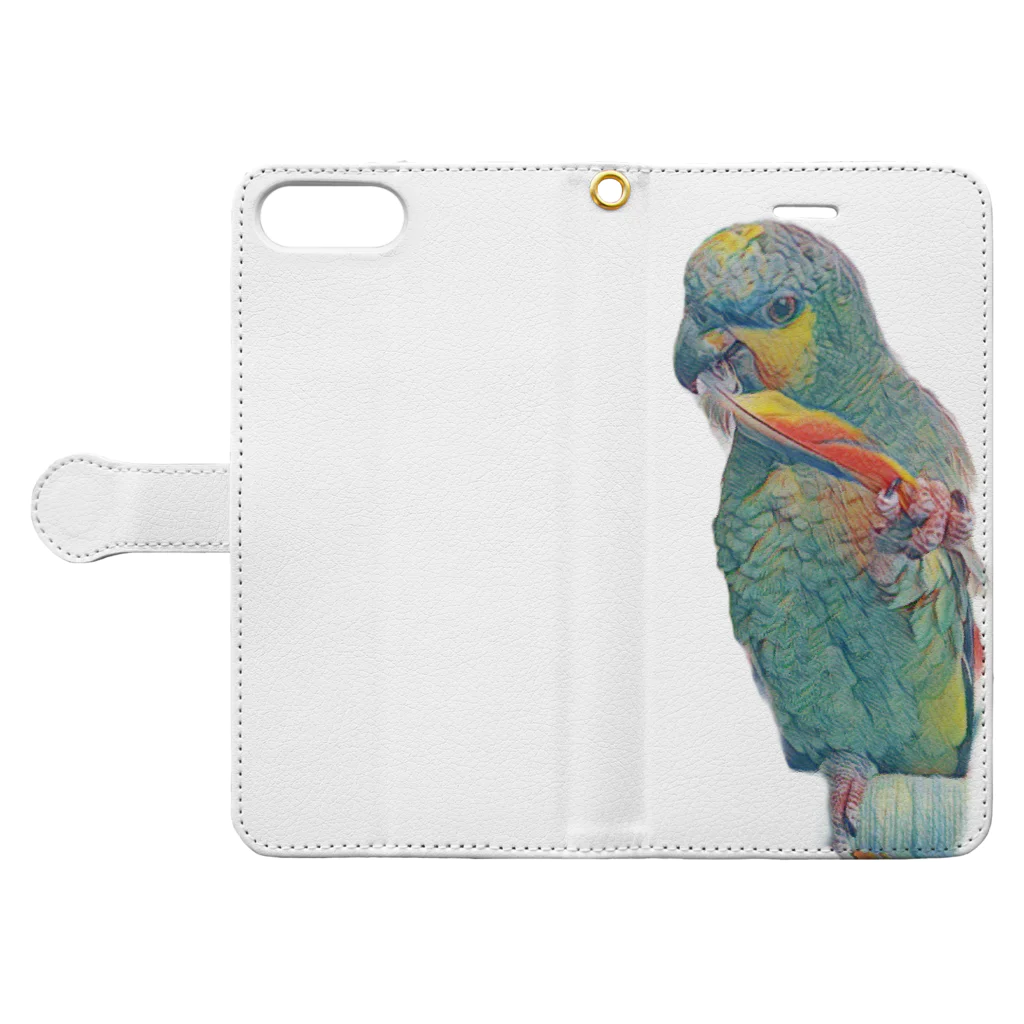 ■マネっぴ■の抜けた尾羽で遊ぶ鳥、キソデボウシインコ Book-Style Smartphone Case:Opened (outside)