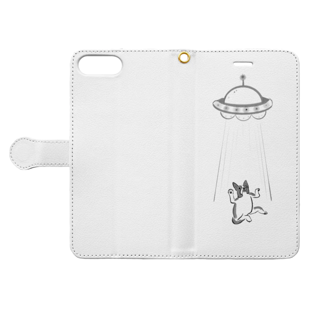 さと商店の鳥獣戯画風 ボストンテリア ーUFOにさらわれそうー Book-Style Smartphone Case:Opened (outside)