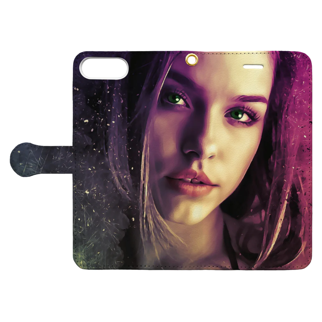 Fred HorstmanのBeautiful woman with purple hair and dark brown eyes  紫色の髪と濃い茶色の目を持つ美しい女性 Book-Style Smartphone Case:Opened (outside)