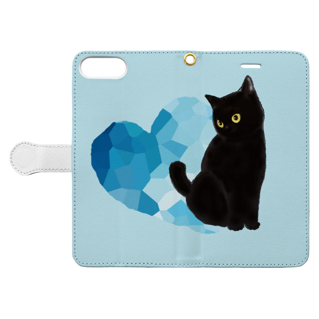 WAMI ARTの青いハートと黒猫2 Book-Style Smartphone Case:Opened (outside)