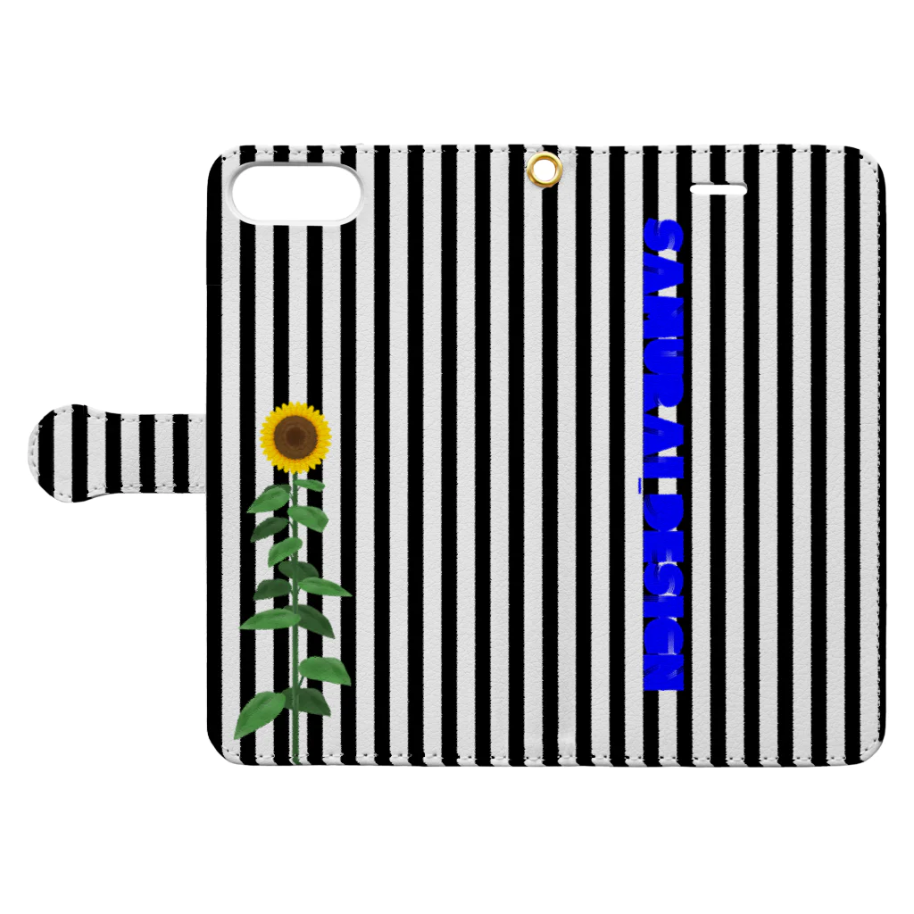 サムライデザインウォレットフォンケースの向日葵×白黒ストライプ 手帳型スマホケースを開いた場合(外側)