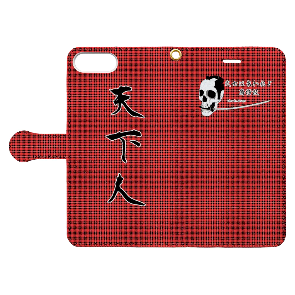 サムライデザインウォレットフォンケースの侍スカル×赤チェック 手帳型スマホケースを開いた場合(外側)