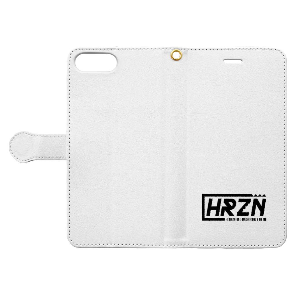 HRZN SUZURIのHRZNブラックバーコードロゴ 手帳型スマホケースを開いた場合(外側)