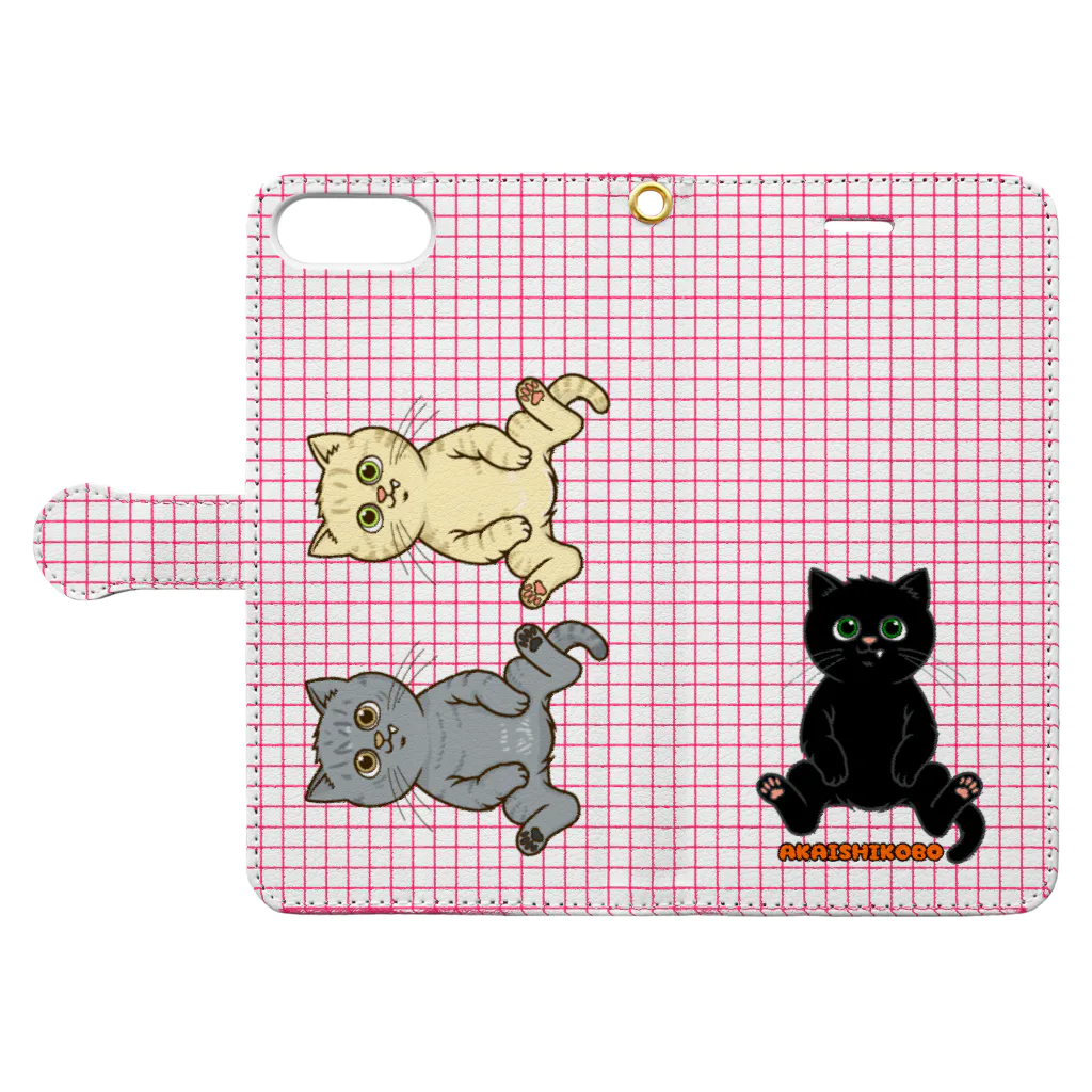 赤石工房(くまごろう屋)の黒猫達とチェック Book-Style Smartphone Case:Opened (outside)