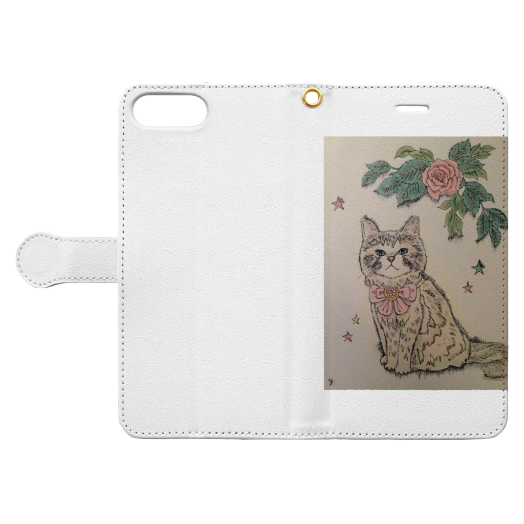 河内葉子の動物アートのグッズのバラと猫グッズ Book-Style Smartphone Case:Opened (outside)