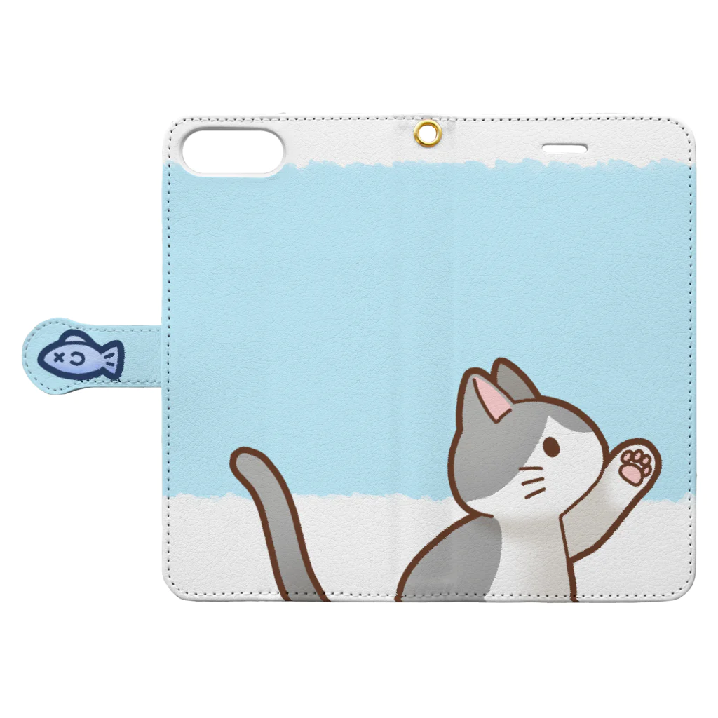 かわいいもののおみせ　いそぎんちゃくのお魚にゃーバージョン２　灰白猫　ブルー　上下白ライン Book-Style Smartphone Case:Opened (outside)