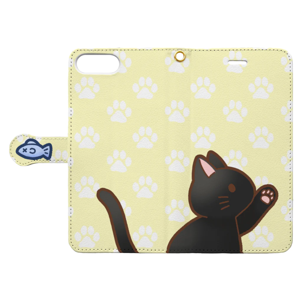 かわいいもののおみせ　いそぎんちゃくのお魚にゃーバージョン２　黒猫　イエロー肉球柄 Book-Style Smartphone Case:Opened (outside)