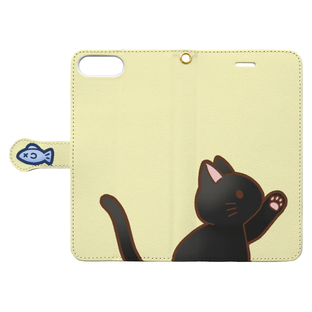 かわいいもののおみせ　いそぎんちゃくのお魚にゃーバージョン２　黒猫　イエロー Book-Style Smartphone Case:Opened (outside)
