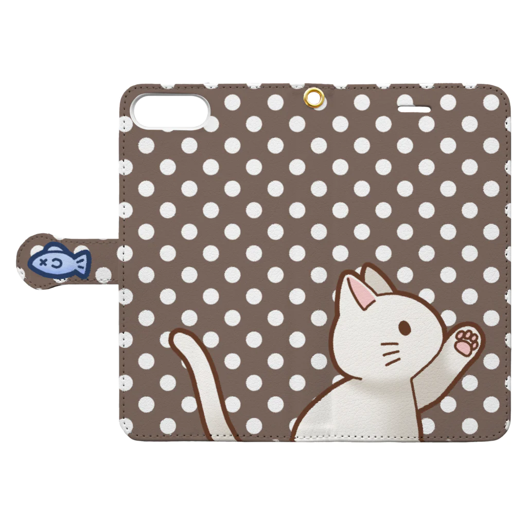 かわいいもののおみせ　いそぎんちゃくのお魚にゃーバージョン２　白猫　ブラウン水玉柄 Book-Style Smartphone Case:Opened (outside)