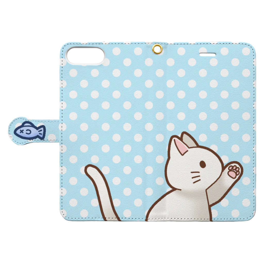 かわいいもののおみせ　いそぎんちゃくのお魚にゃーバージョン２　白猫　ブルー水玉柄 Book-Style Smartphone Case:Opened (outside)