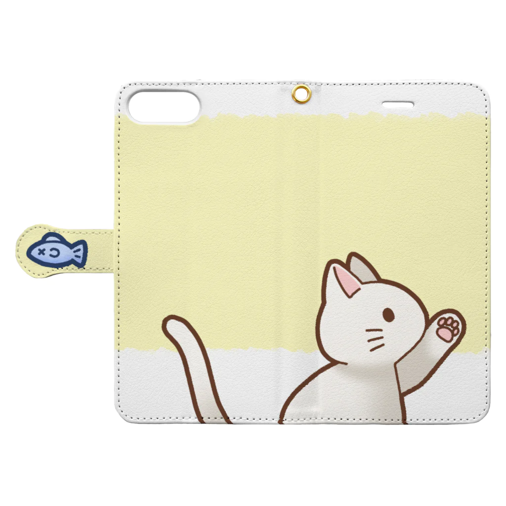 かわいいもののおみせ　いそぎんちゃくのお魚にゃーバージョン２　白猫　イエロー　上下白ライン Book-Style Smartphone Case:Opened (outside)