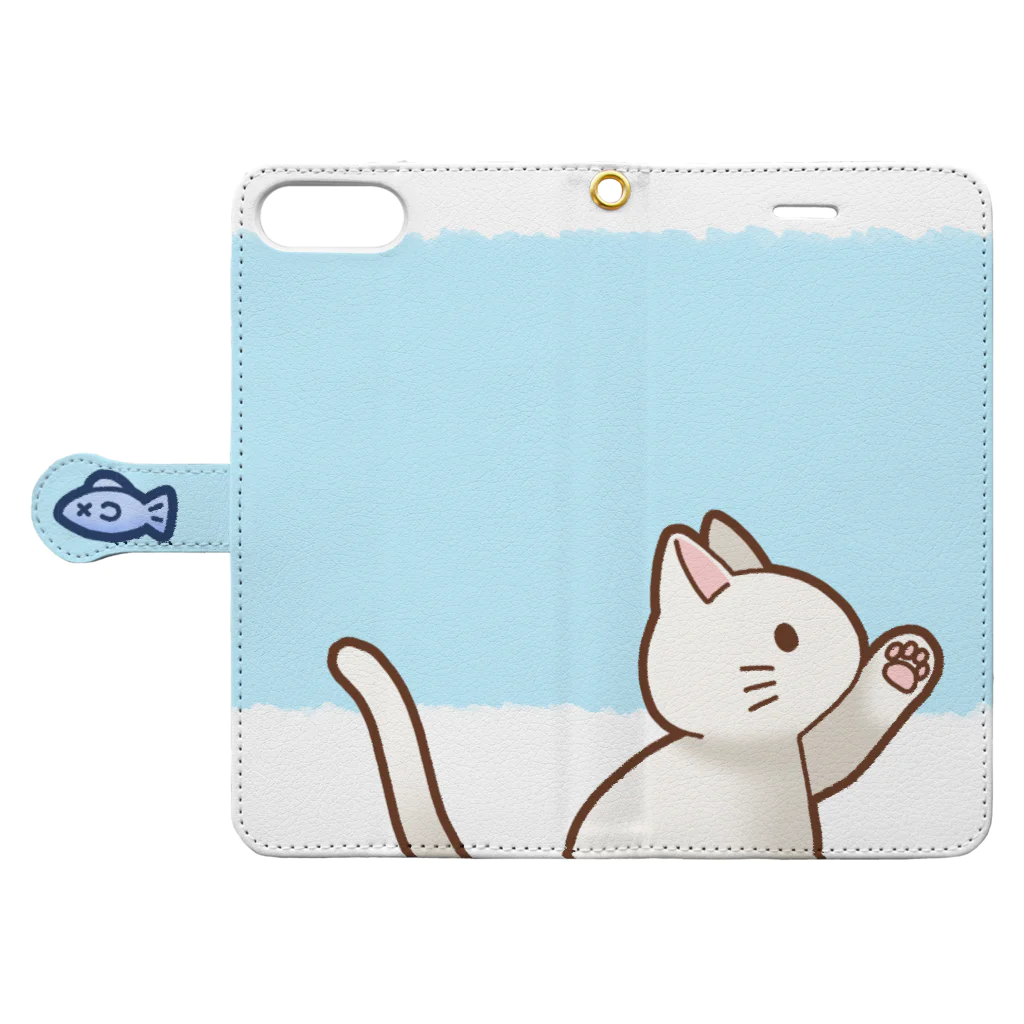 かわいいもののおみせ　いそぎんちゃくのお魚にゃーバージョン２　白猫　ブルー　上下白ライン Book-Style Smartphone Case:Opened (outside)