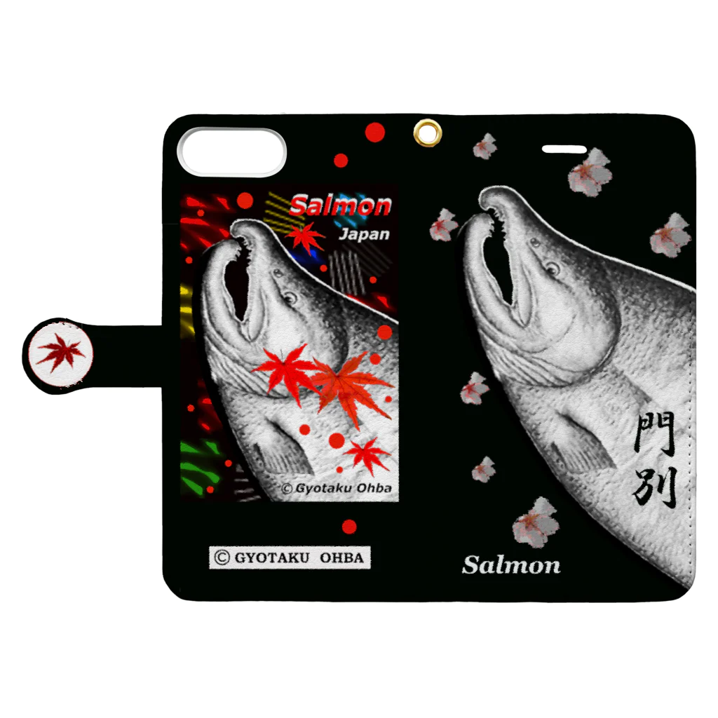 G-HERRINGの鮭！（SALMON；もみじ；桜）（門別；Salmon）あらゆる生命たちへ感謝をささげます。 Book-Style Smartphone Case:Opened (outside)