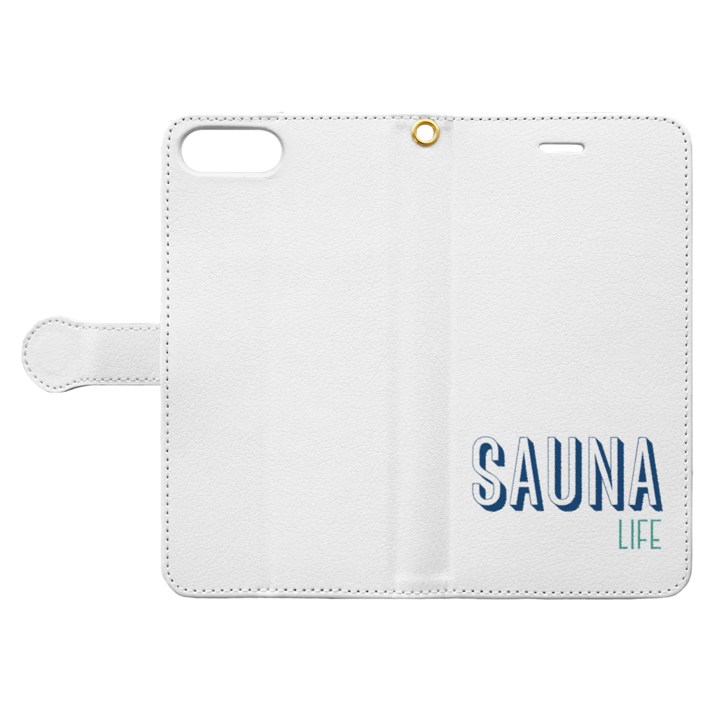 SNOW LIFE JOURNEYのSAUNA LIFE サウナライフ。 手帳型スマホケースを開いた場合(外側)