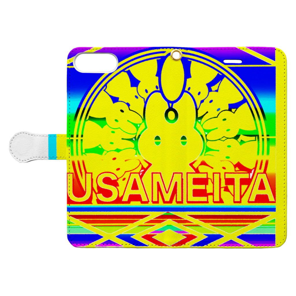 ✨🌈✨ユラクラカン🇯🇵 ✨🌈✨の🌟🌈USAMEITA! rainbow🌟yellow gold オーシャン🌈🌟 手帳型スマホケースを開いた場合(外側)