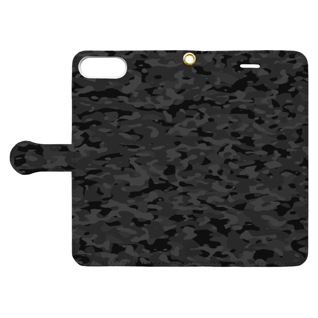 Military Casual LittleJoke のCasualCamo Black カジュアル迷彩 黒色 サバゲー装備 手帳型スマホケースを開いた場合(外側)