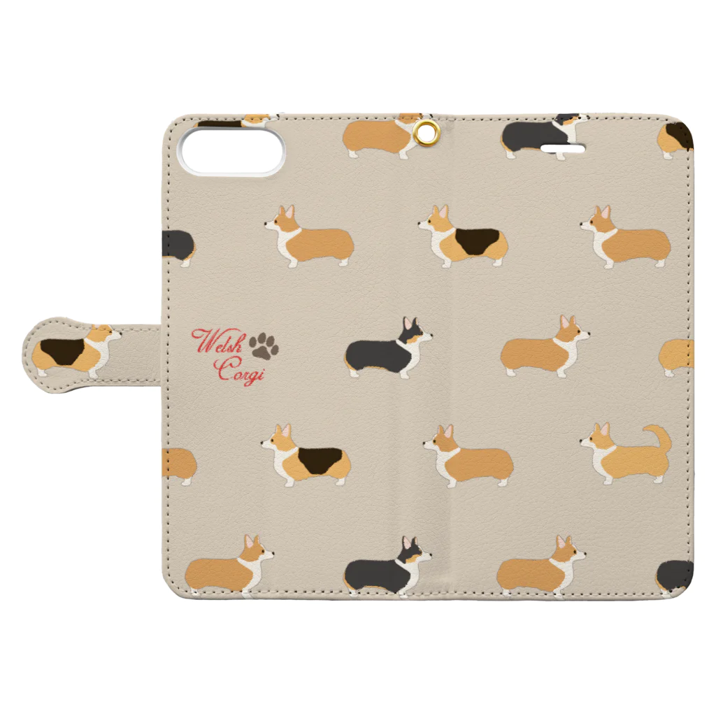  コーギー　REO.REO★のグレージュ　コギコギ柄 Book-Style Smartphone Case:Opened (outside)