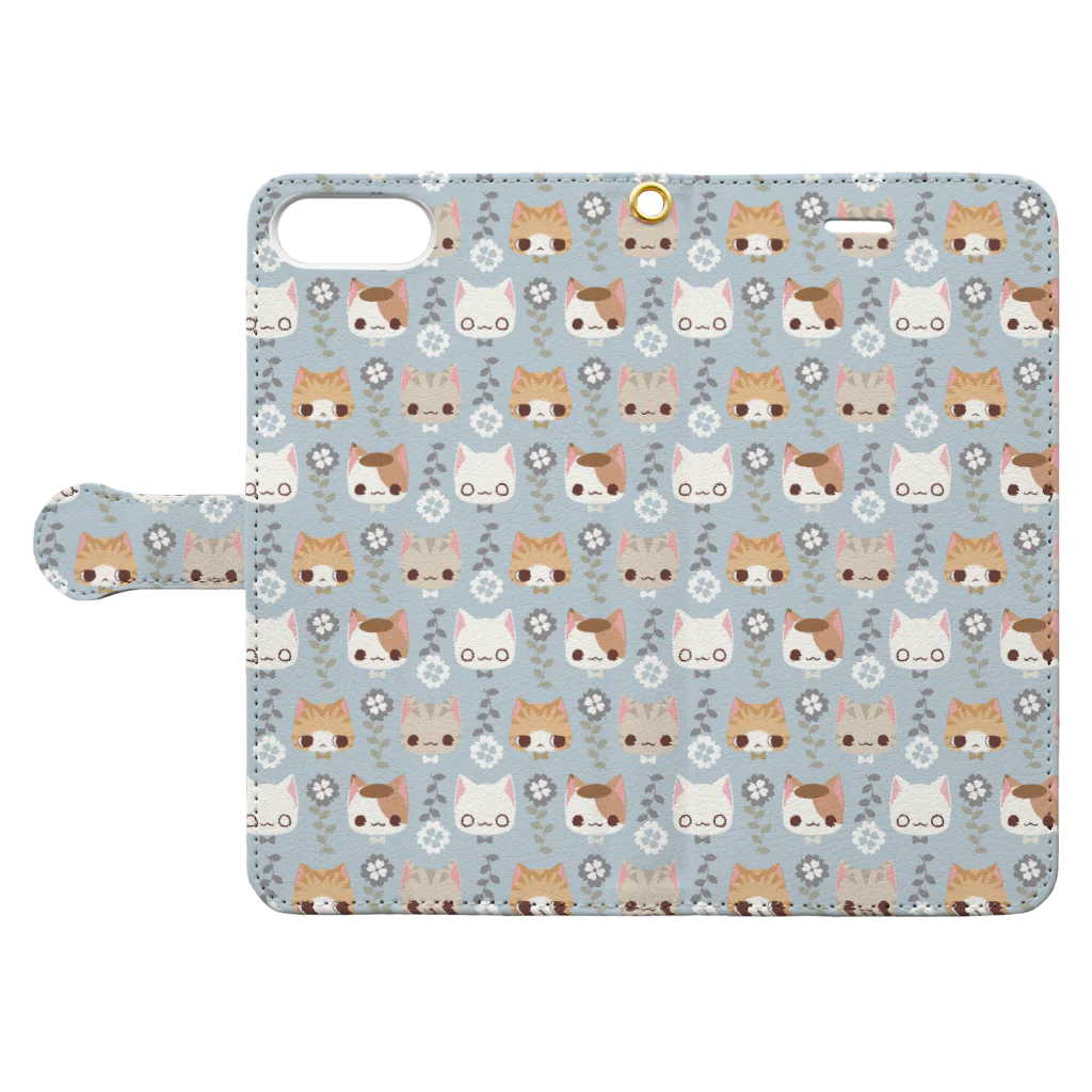 aska/ねこのかんづめの花と猫（水色） Book-Style Smartphone Case:Opened (outside)