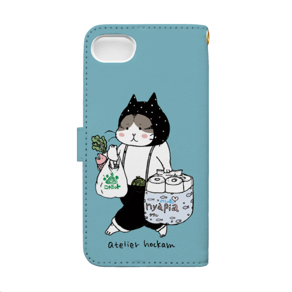 ほっかむねこ屋（アトリエほっかむ）のトイレねこ　お買い物ねこ　ブルー 手帳型スマホケースの裏面