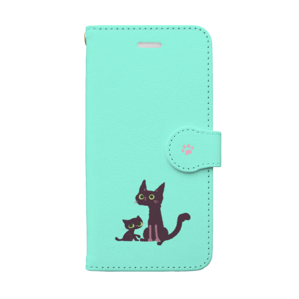 モノミチ STOREのくろねこ ミント 手帳型スマホケース