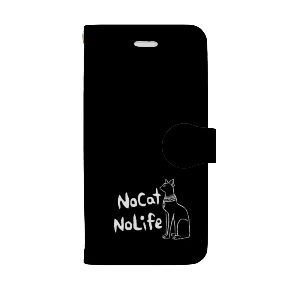 ネコやのバステト　NO Cat NO Life文字入り　手帳型スマホケース　黒 Book-Style Smartphone Case