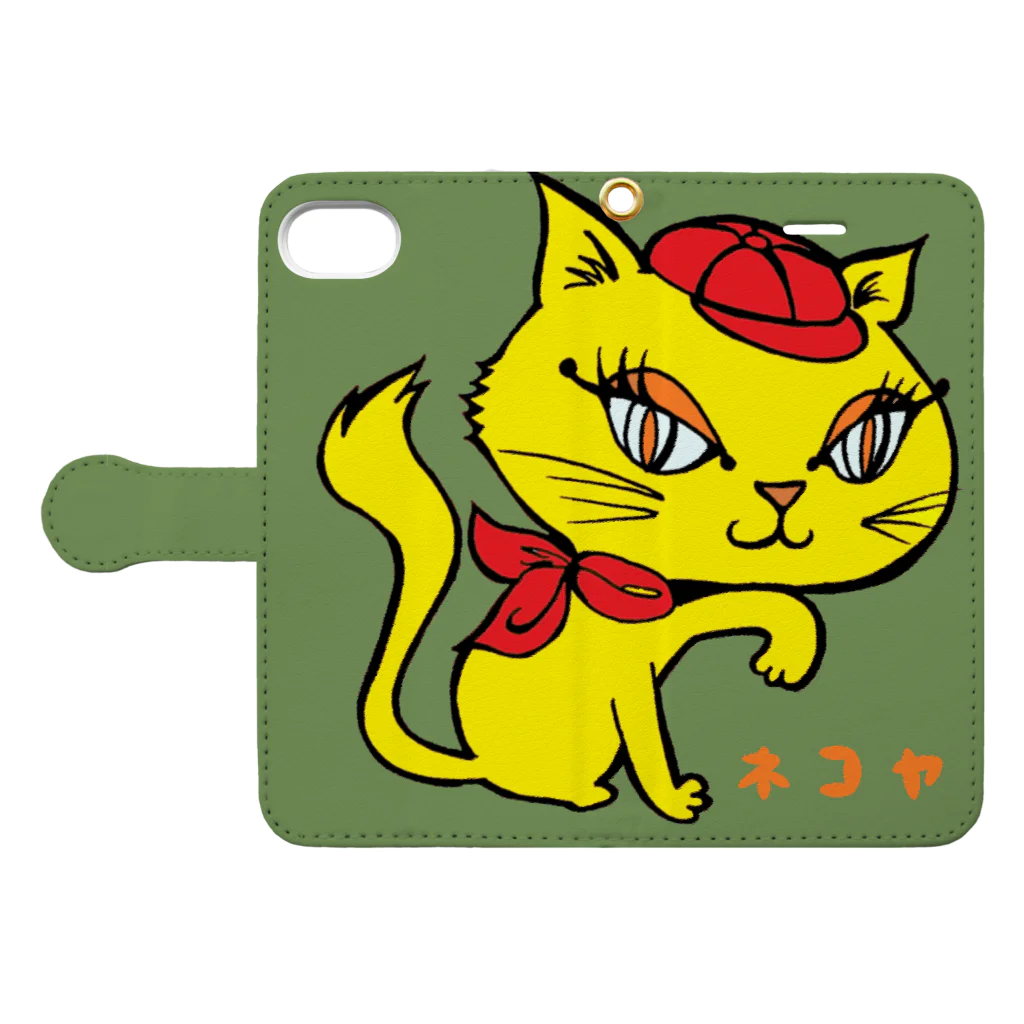 「中華居酒屋 ねこや」マーチャンダイズストアのmimiちゃんスマホケース・フォリッジグリーン Book-Style Smartphone Case:Opened (outside)