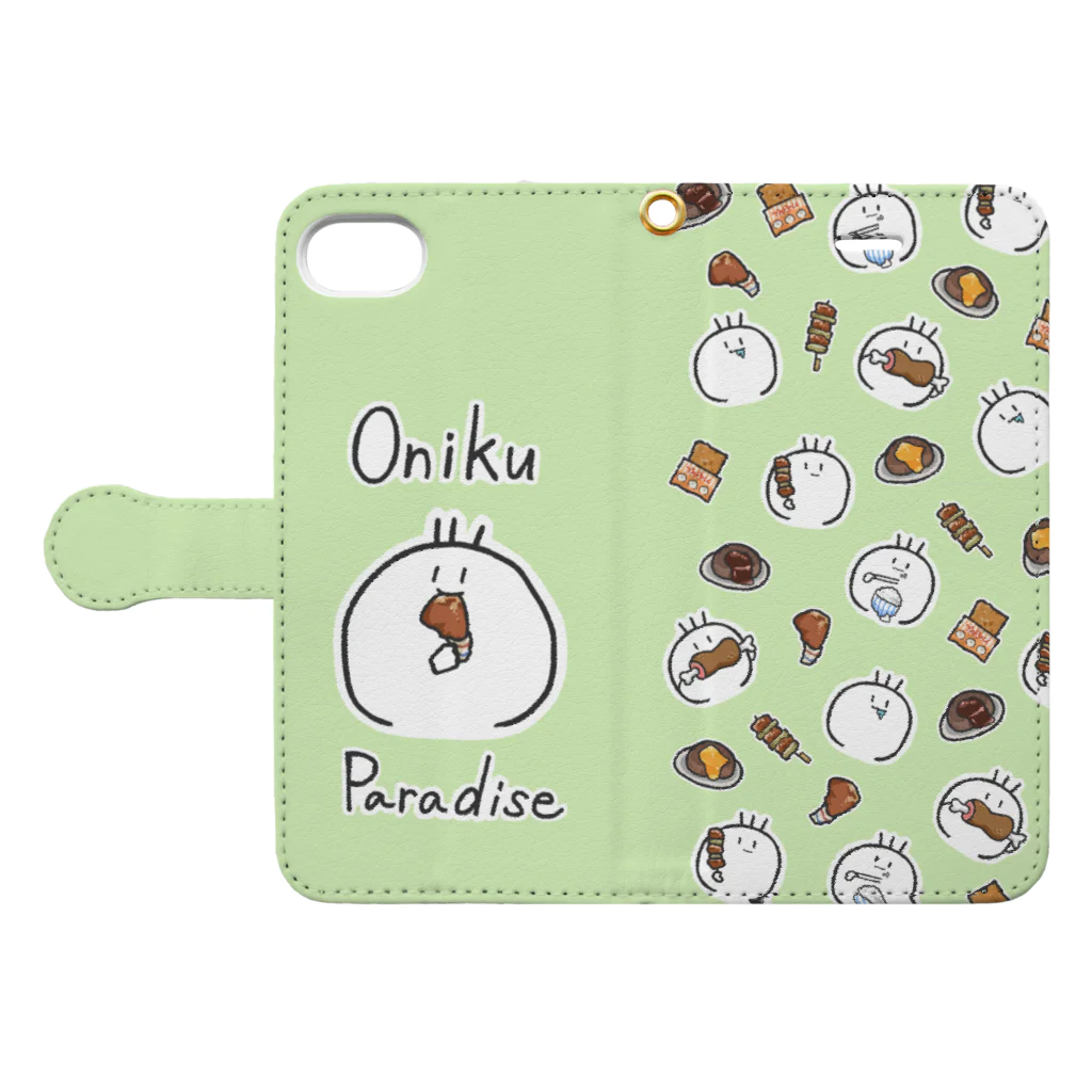 獅子のOniku Paradise(お肉パラダイス・グリーン) 手帳型スマホケースを開いた場合(外側)