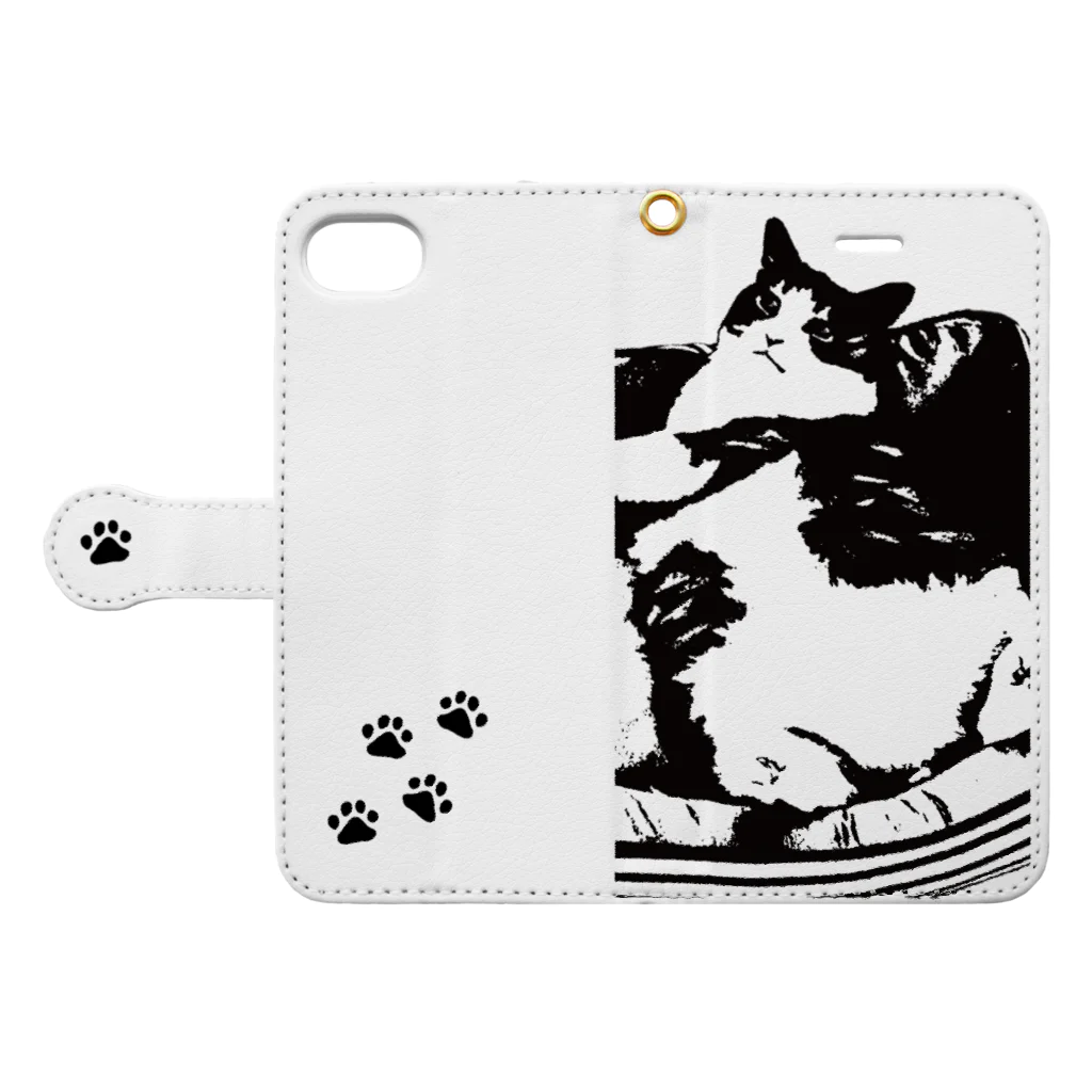 たびー。のでぶ猫 モノクロ 手帳型スマホケース Book-Style Smartphone Case:Opened (outside)