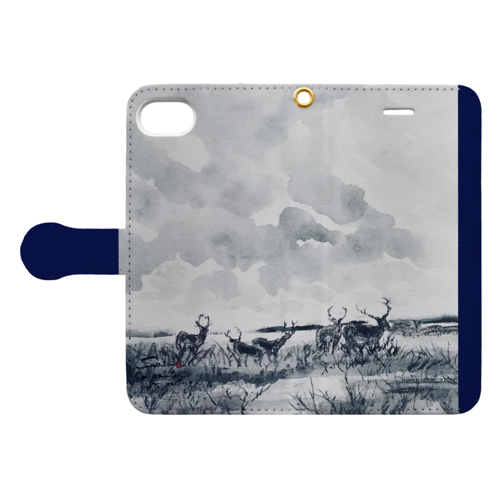 中村青雨 水墨画家  Artgalleryの鹿と雲　（売り切れ） Book-Style Smartphone Case:Opened (outside)