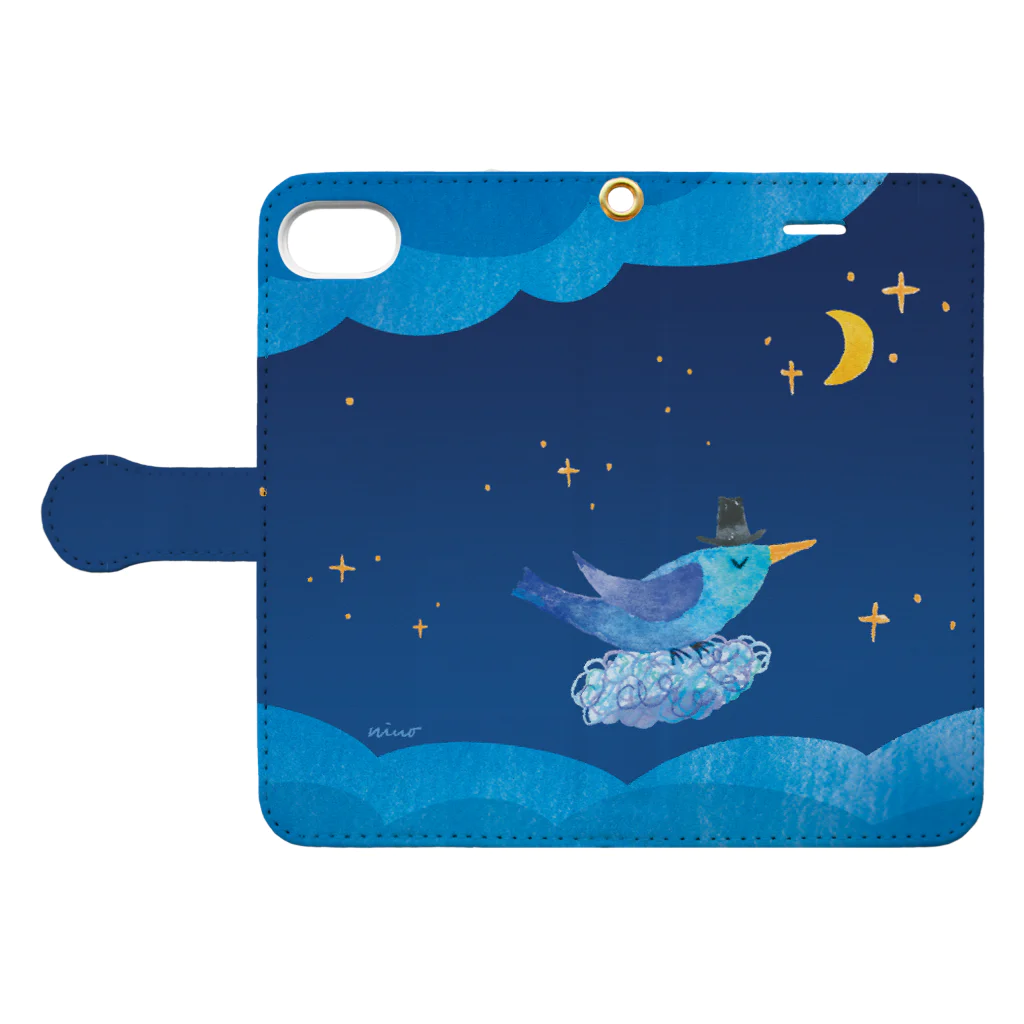 nino-artworkのソラ Sola　月と星と一緒に　〜夜空ver.〜 手帳型スマホケースを開いた場合(外側)